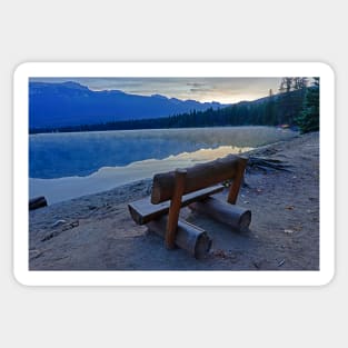 Cavell Lake Wooden Bench Morning Jasper National Park Fall Leaves Sticker